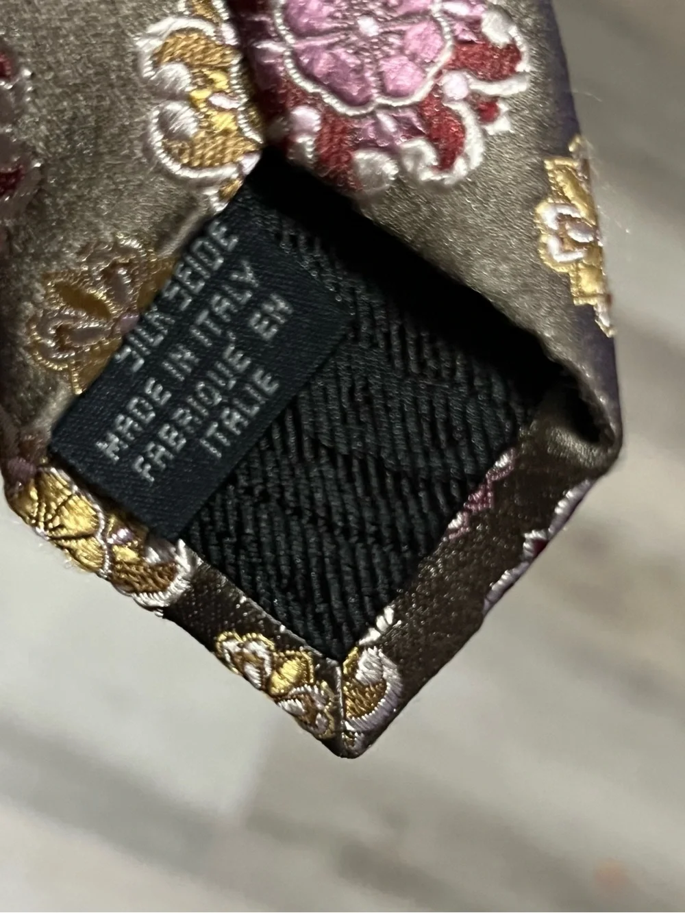 Canali Brown Silk Tie with Gold and Burgundy Floral Medallions Made in Italy